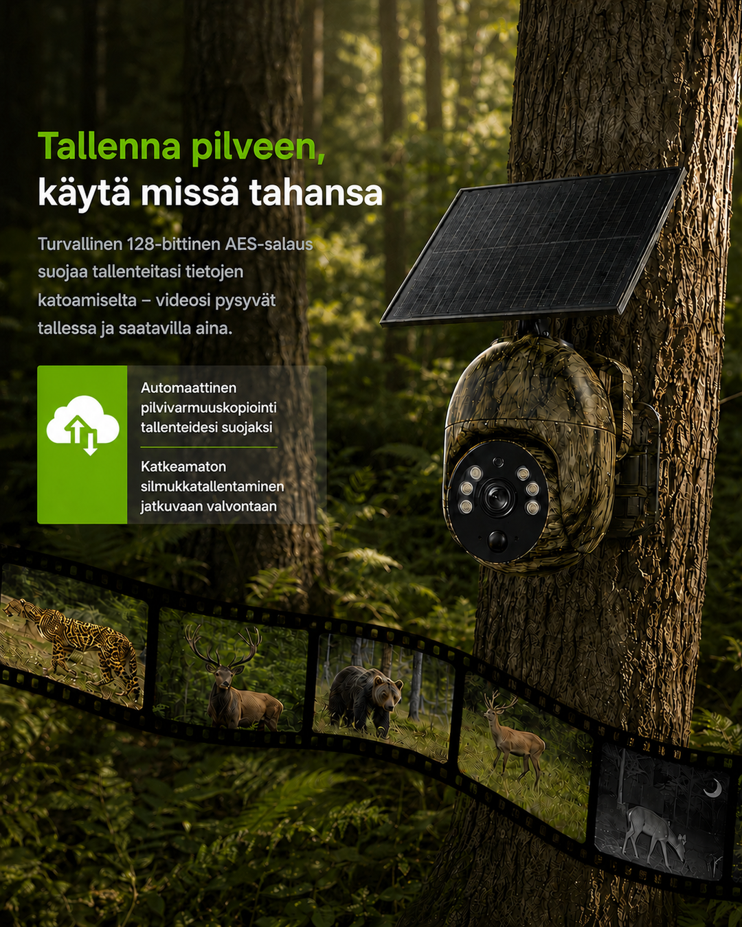 Camera met zonnepaneel aan een boom in het bos, met een filmstrip van opgenomen dieren en een wolkpictogram voor opslag. 8