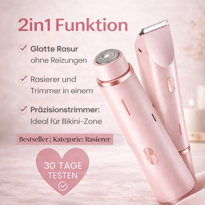 Roze trimmer met losse ronde scheerkop naast de trimmeropzet, met opsomming van de 2-in-1 functies en een hartvormige proefperiodebadge. 6