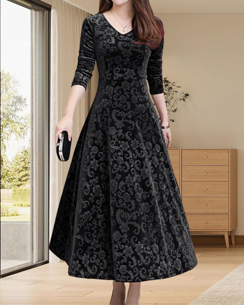 Velvet Midi Dress with Long Sleeves - Selina