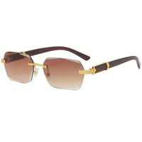 Rimless Sunglasses with Rectangular Lenses and Faux Wood Temples – Verro