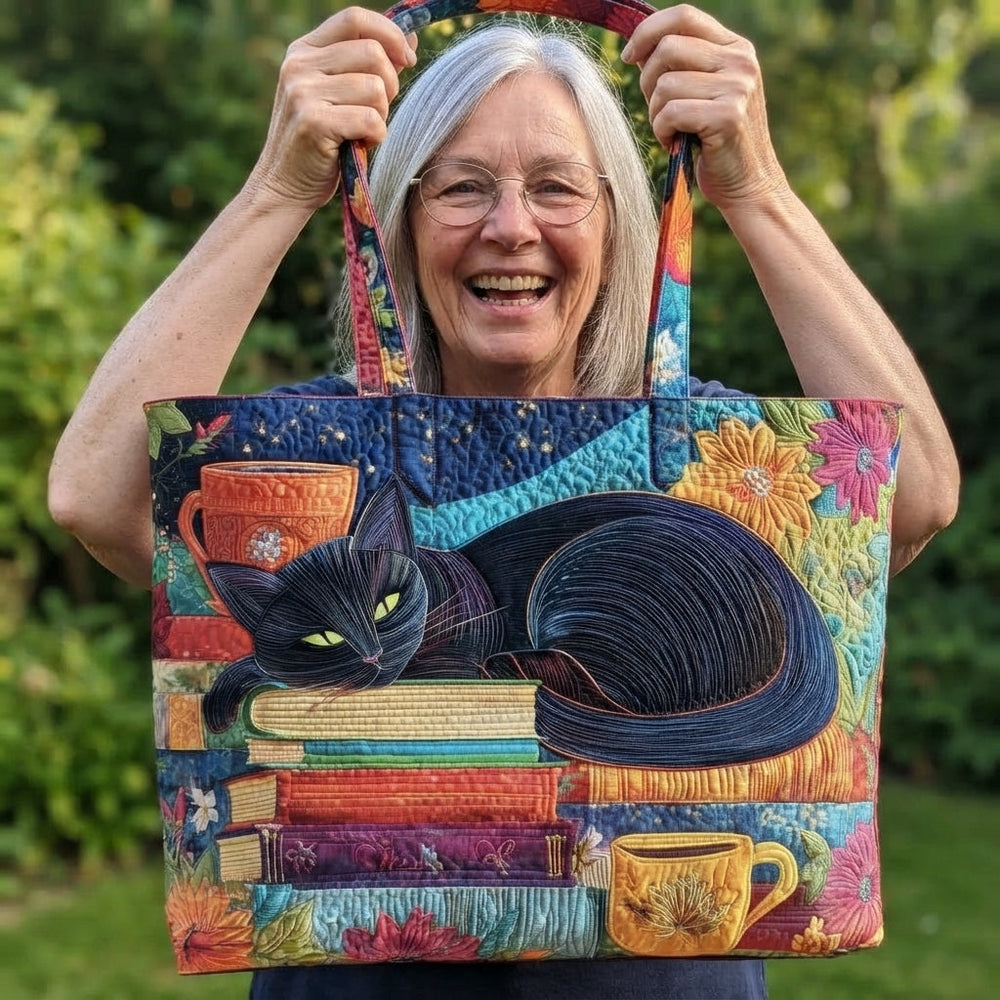 Lachende vrouw met grijs haar houdt de gewatteerde draagtas aan de hengsels omhoog in een tuin, zodat de kat en boeken zichtbaar zijn. 2
