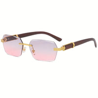 Rimless Sunglasses with Rectangular Lenses and Faux Wood Temples – Verro
