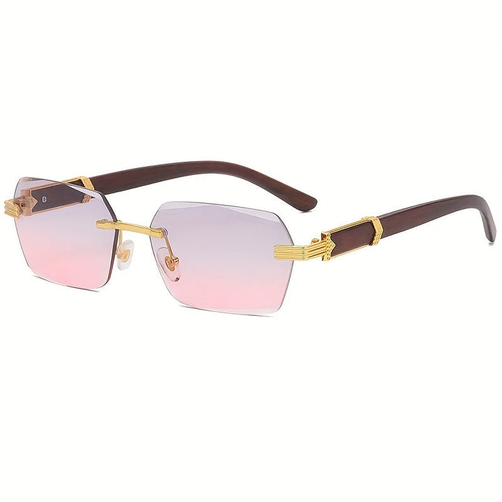 Rimless Sunglasses with Rectangular Lenses and Faux Wood Temples – Verro