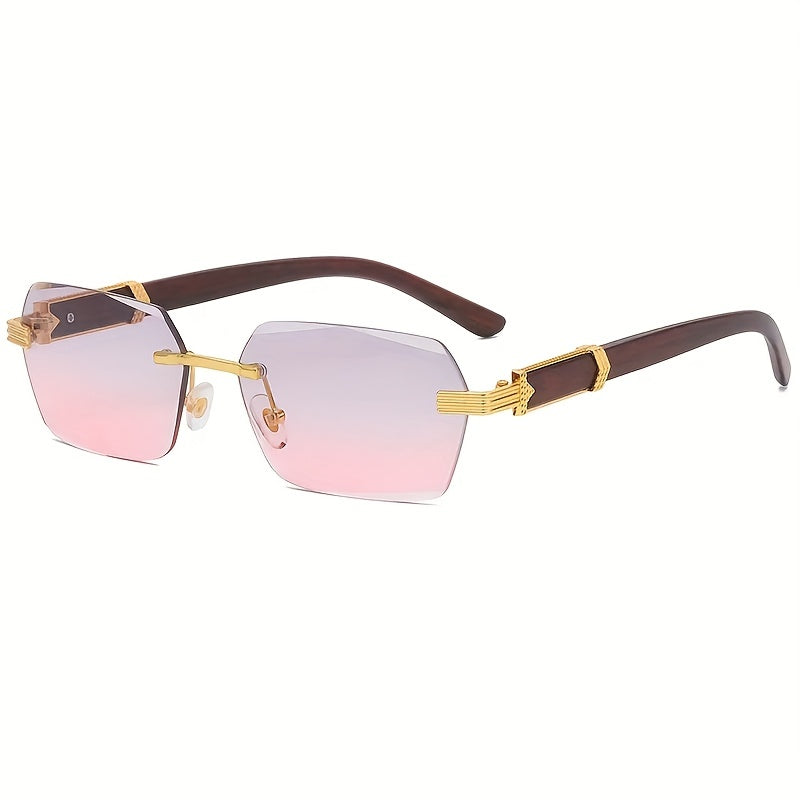 Rimless Sunglasses with Rectangular Lenses and Faux Wood Temples – Verro