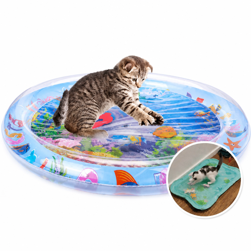 Kitten speelt op de ronde, met water gevulde mat met zeedieren; in een rondje een zwart-witte kat op een groene mat. 6