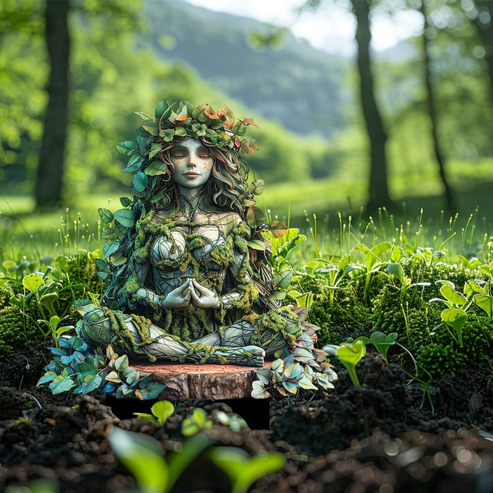Meditatiefiguur met bladkrans en mosbedekte kleding zit in kleermakerszit op een boomstronk, in een grasveld met aarde op de voorgrond. 21