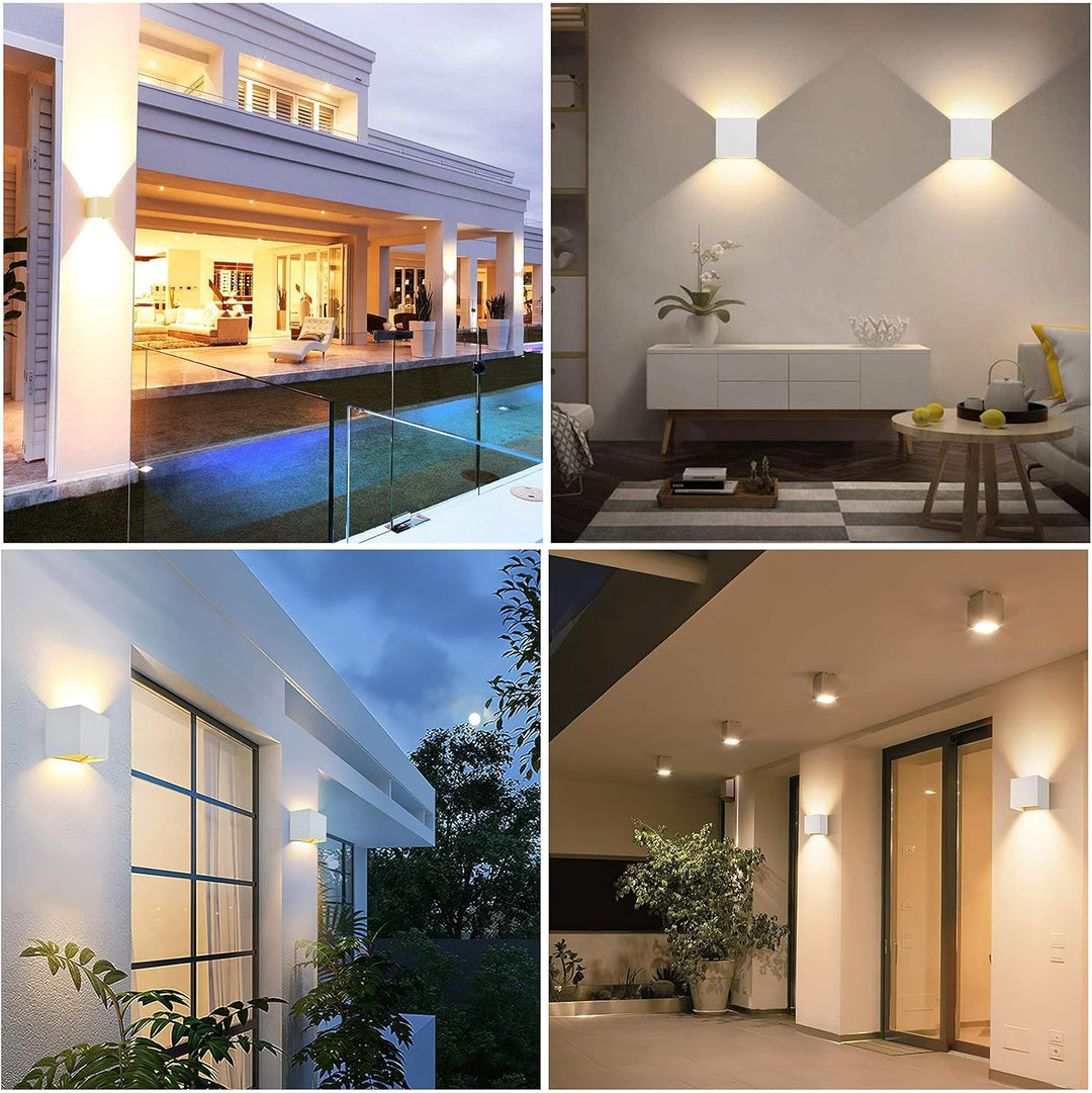 Collage van vier foto's met witte kubuslampen op een villa, terras, in een woonkamer en onder een overkapping. 15