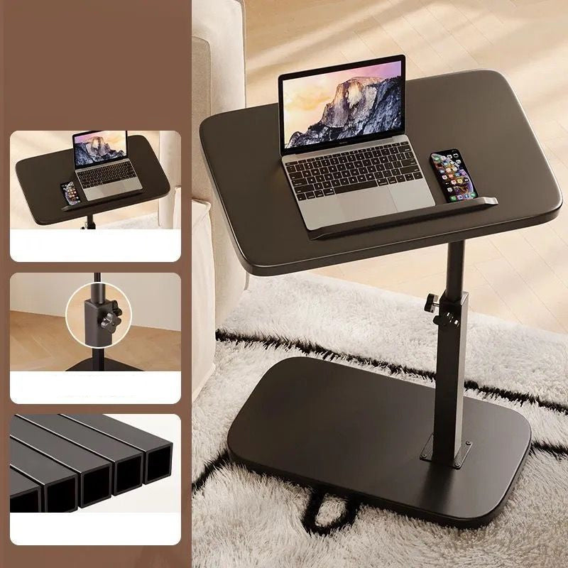 Volledig zwart laptopbureau met laptop en telefoon op het blad, met uitsneden van het bureau, de hoogteknop en de stalen buizen. 5