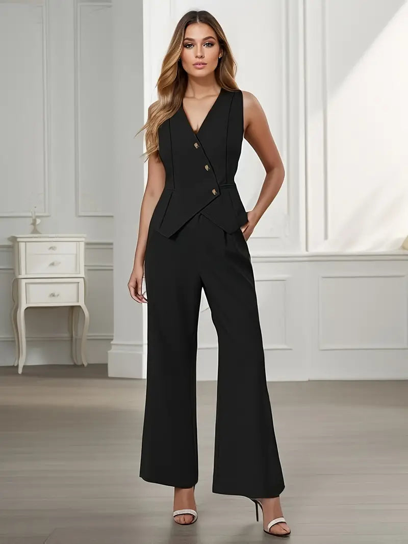 Trendy dames broekpak met gilet & flare broek – Selina