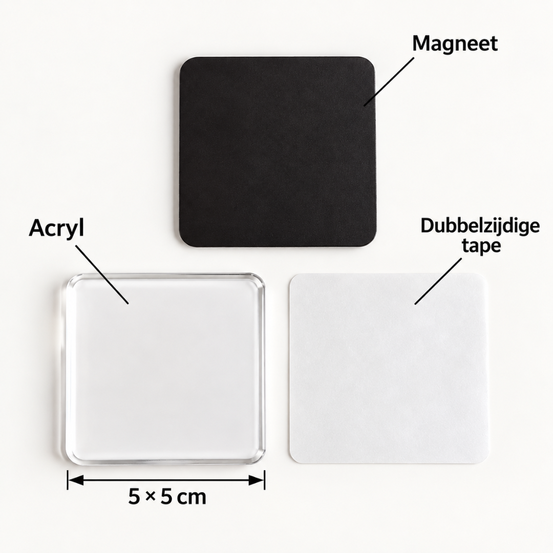 Onderdelen van een vierkante magneet naast elkaar: zwarte magneet, helder acryl en dubbelzijdige tape, met maatlijn van vijf 8