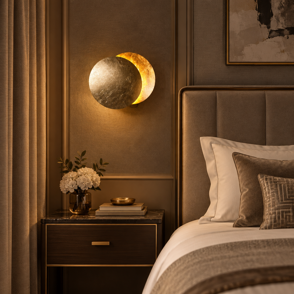 Gouden maanlamp aan de muur boven een nachtkastje naast een bed in een warme slaapkamer 1
