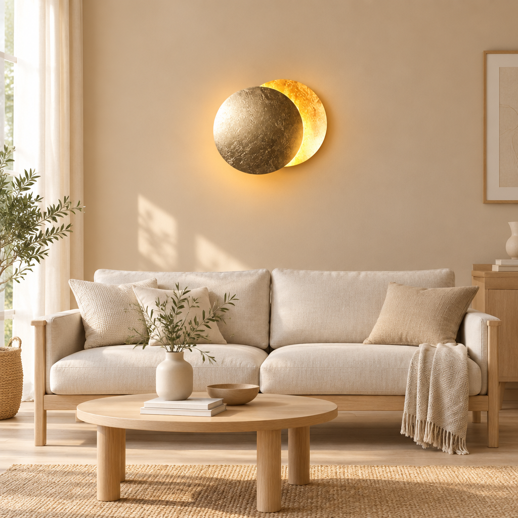 Ronde wandlamp met goudkleurige schijven boven een lichte bank in een warm, beige woonkamerinterieur 1