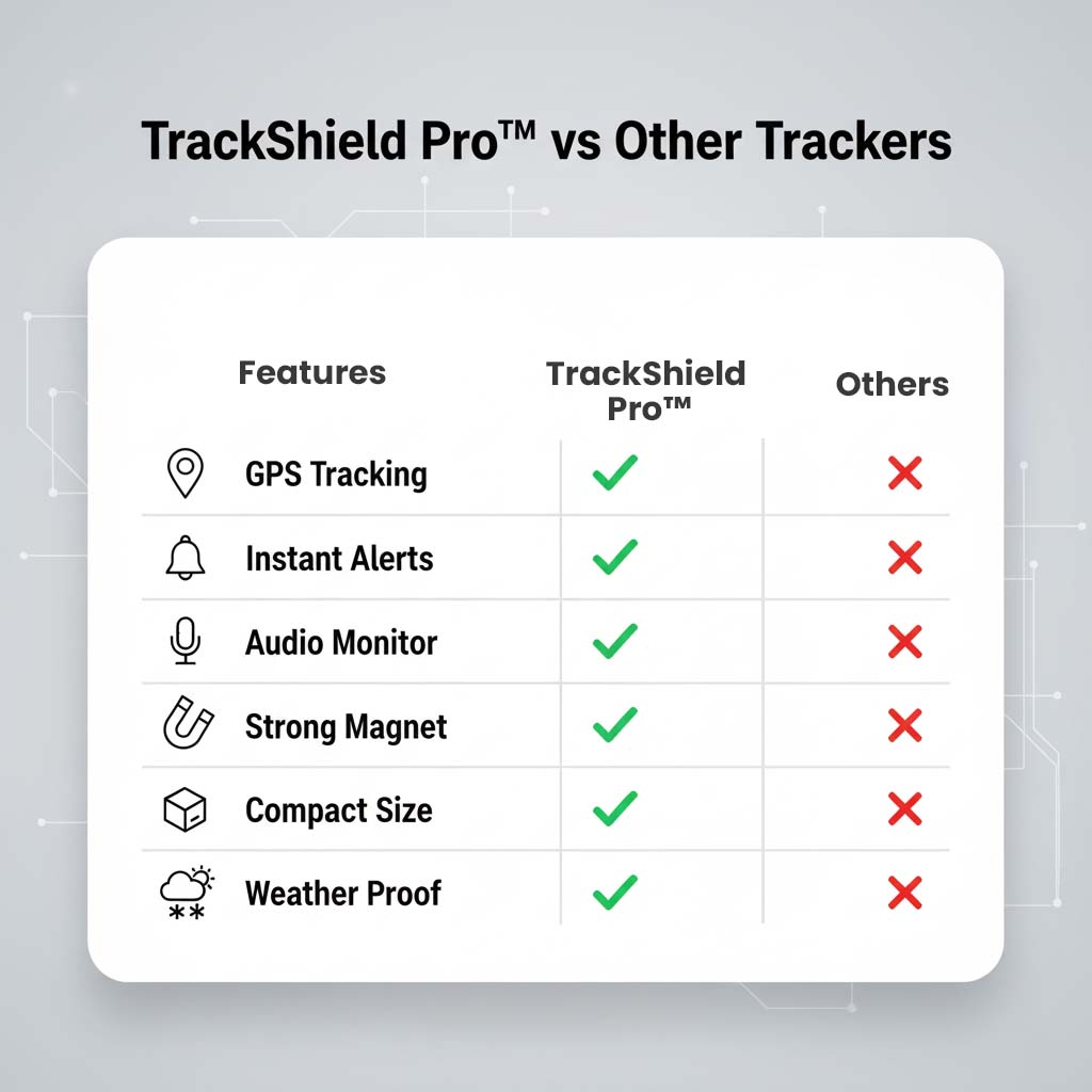 Vergelijkingstabel met zes functies waarbij deze tracker overal een vinkje krijgt en andere trackers een rood kruisje. 4