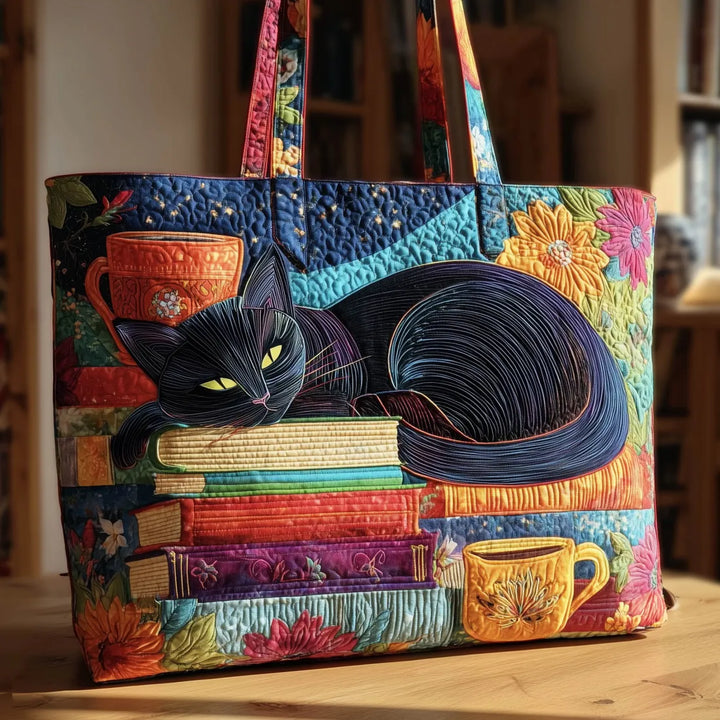 Gewatteerde draagtas met een slapende zwarte kat op een stapel boeken, tussen kleurrijke bloemen en kopjes, op een houten tafel. 1