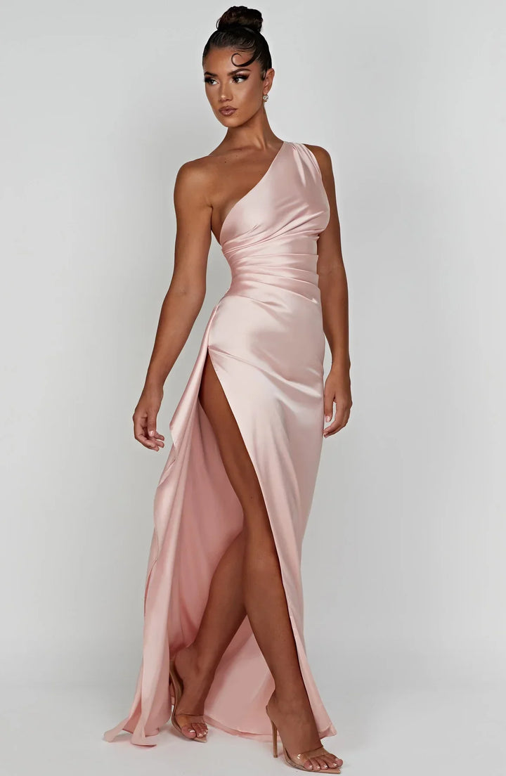 Satin One-Shoulder Split Dress - Vivienne
