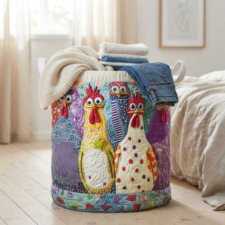 Mand met kippenprint in een slaapkamer, gevuld met een gebreide deken, handdoeken en een spijkerbroek, naast een bed. 5