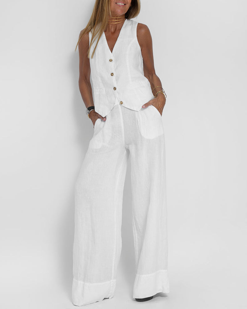 Linnen 2-Delige Set met Wijde Broek en Vest – Alma