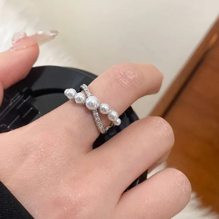 Verstelbare Vintage Ring met Zirkonia en Parel - Isadora