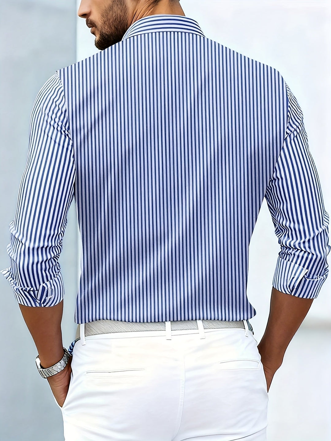 Achterkant van het blauw-wit gestreepte overhemd, gedragen door een man met witte broek, met doorlopende verticale strepen. 8