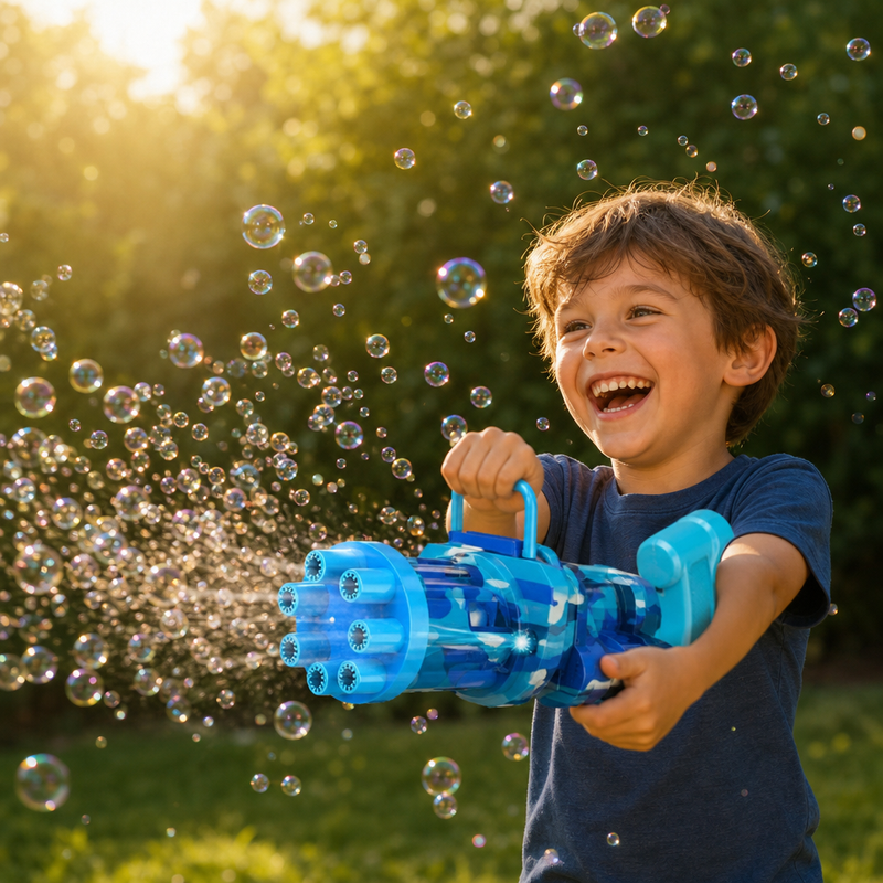 Kind schiet bellen met blaaspistool in zonnige tuin