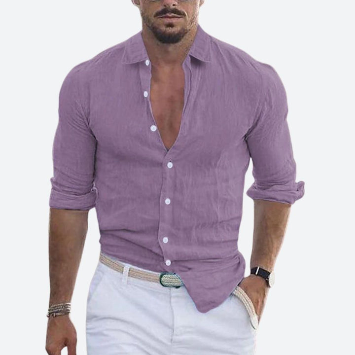 Men's Slim Fit Linen Shirt Open Collar Summer Button-Up 9