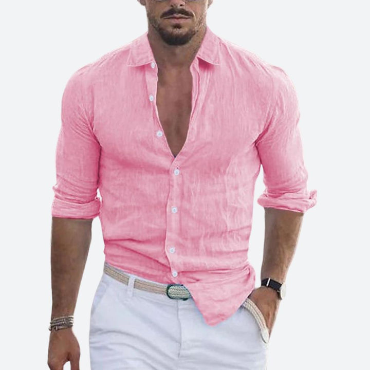 Men's Slim Fit Linen Shirt Open Collar Summer Button-Up 7