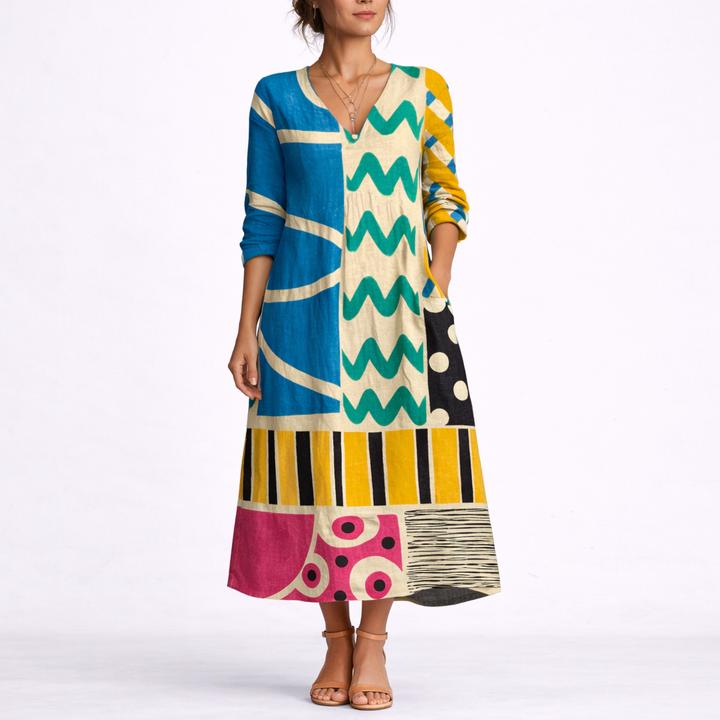 Abstract Geometric Long-Sleeved Dress - Lucille