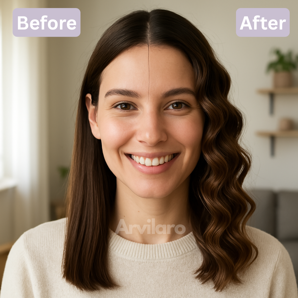 Voor-en-nabeeld van een glimlachende vrouw met donker haar, links steil en rechts in losse, glanzende golven gestyled. 2