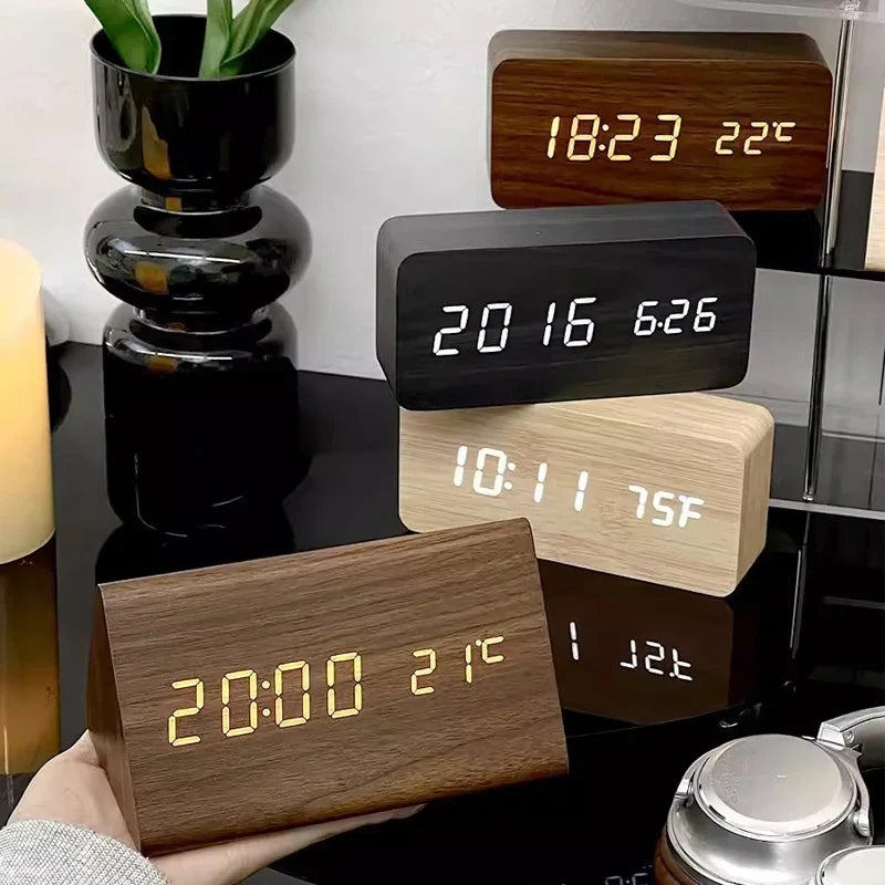 Wooden LED Alarm Clock with Voice Control - EcoClock