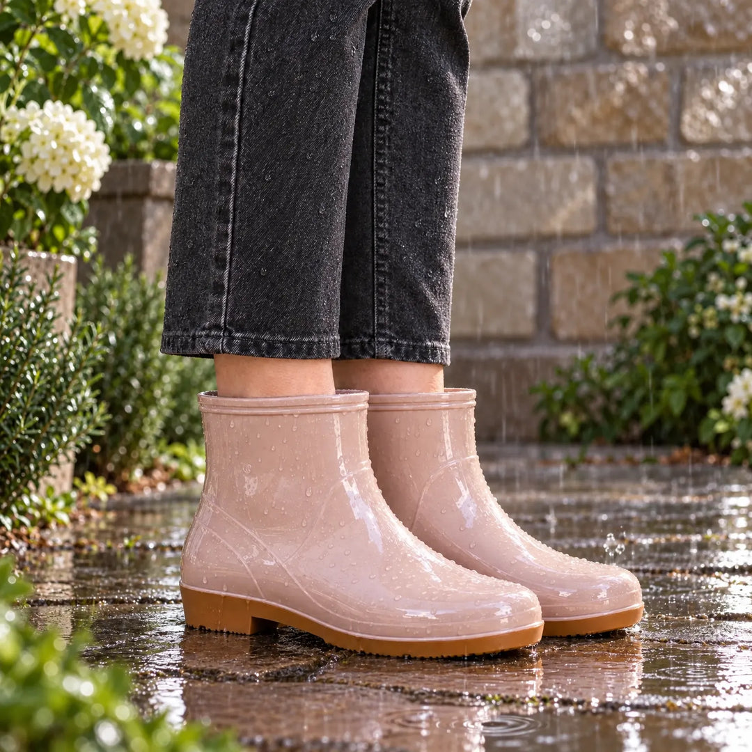 Roze glanzende enkellaarzen met bruine zool, gedragen met donkergrijze jeans op een natte tuinpad terwijl het regent, waterdruppels op het rubber. 1