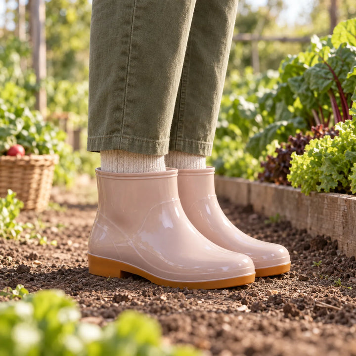 Roze glanzende enkellaarzen met bruine zool, gedragen met olijfgroene broek en crèmekleurige sokken in een moestuin op losse aarde. 3