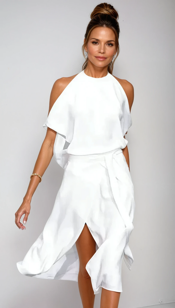 Asymmetric Halterneck Midi Dress - Claudia