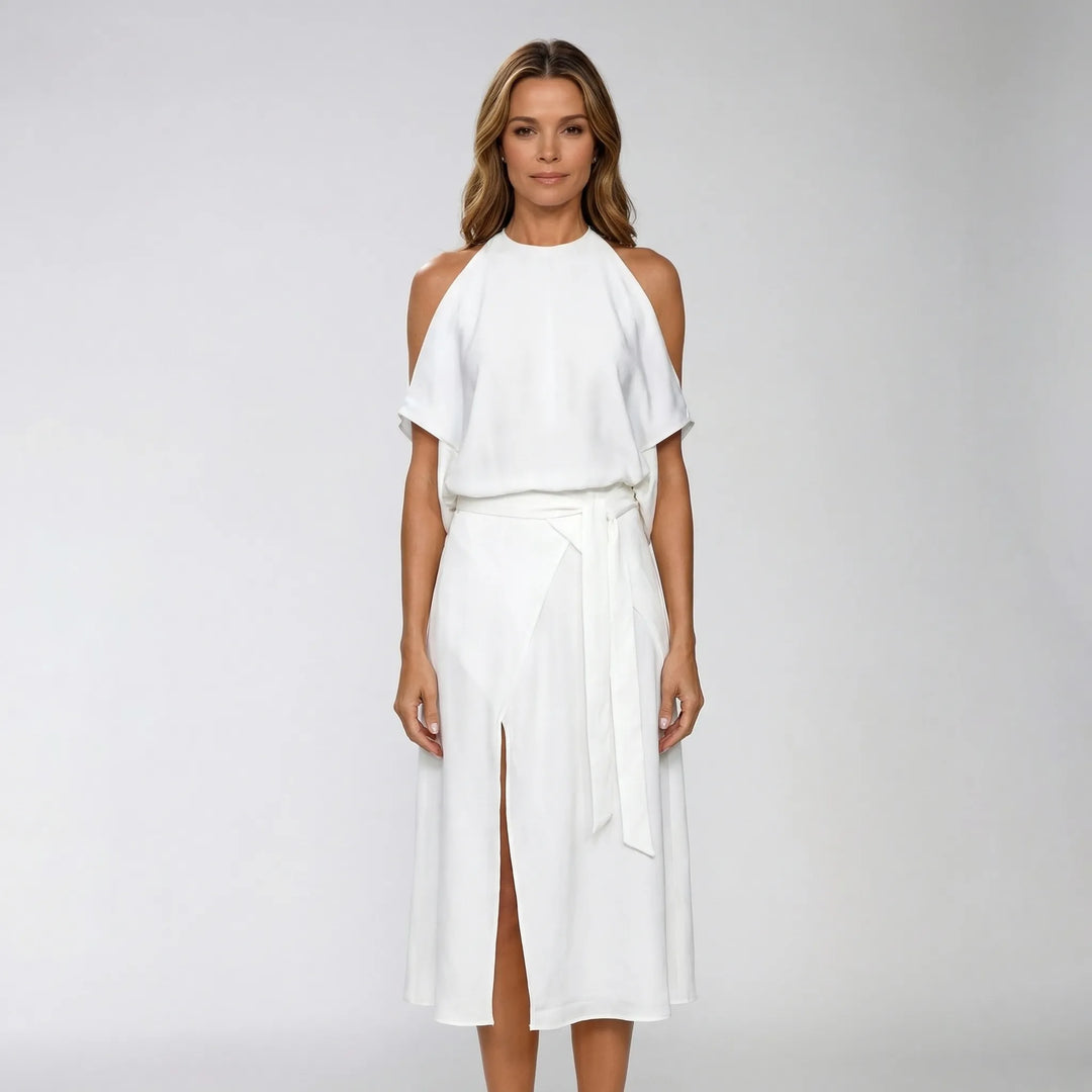 Asymmetric Halterneck Midi Dress - Claudia