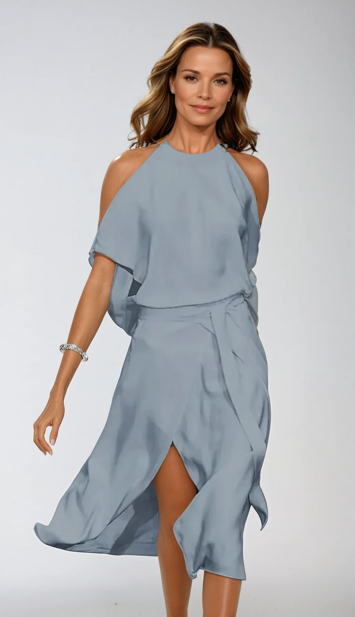 Asymmetric Halterneck Midi Dress - Claudia