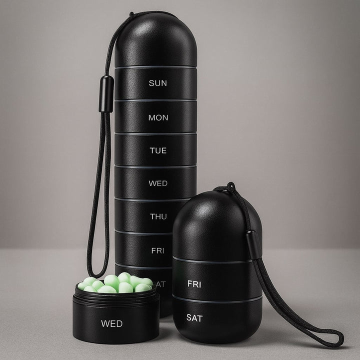 Zwarte pillendoos met polskoord, opgestapeld naast een open vakje met lichtgroene tabletten en een korte stapel van twee vakjes. 3