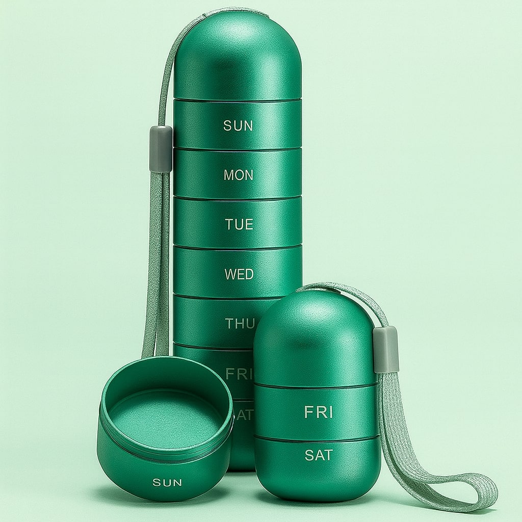 Groene aluminium pillendoos met polskoord, opgestapeld naast een leeg open vakje en een korte stapel van twee vakjes. 5