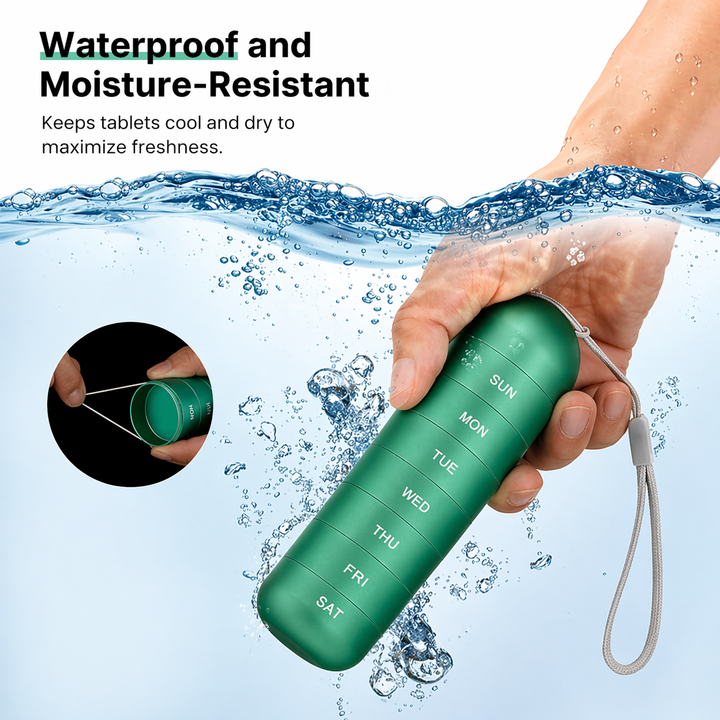 Groene pillendoos in een hand onder water met opborrelende luchtbellen, met inzet van de rubberen afdichtring in een open vakje. 6