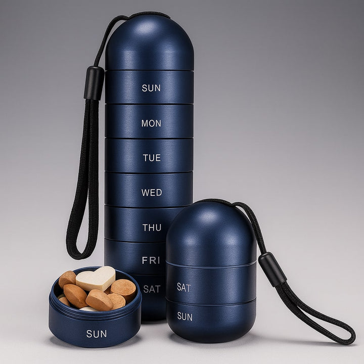 Donkerblauwe pillendoos met zwart koordje, opgestapeld naast een open vakje met tabletten, waaronder een hartvormige, en een korte stapel. 7