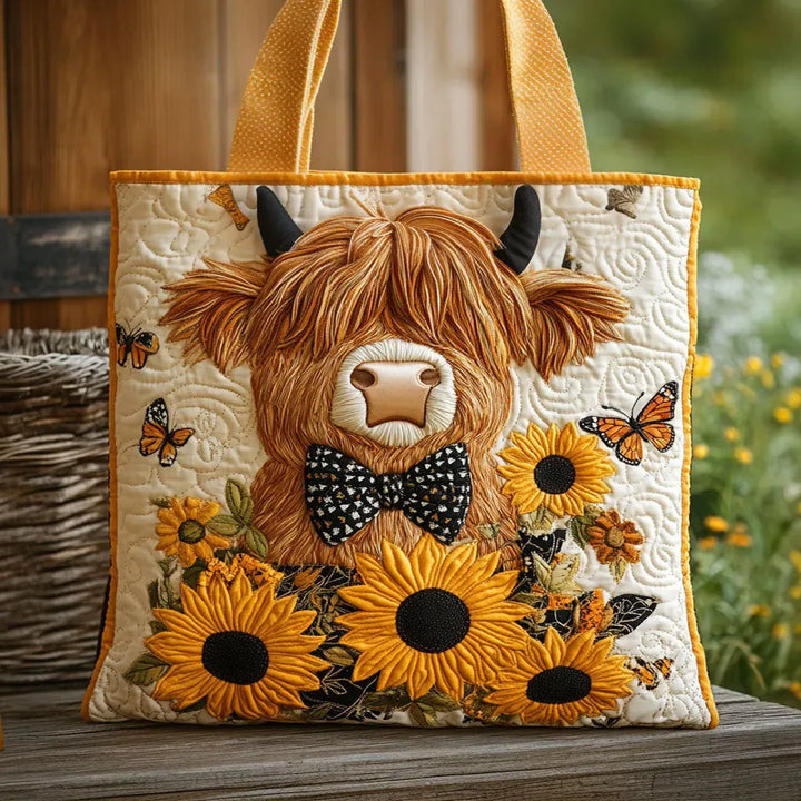 Gewatteerde shopper met een Schotse hooglander met strikje tussen zonnebloemen en vlinders, buiten neergezet op een houten bank bij een rieten mand. 1