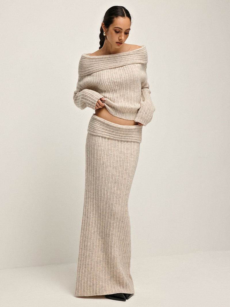 Beige Off-Shoulder Warm Sweater for Women - Amira