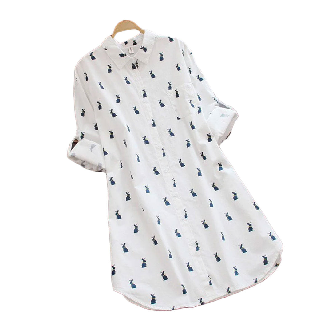 Speelse shirtjurk met konijnenprint en reverskraag - Elina