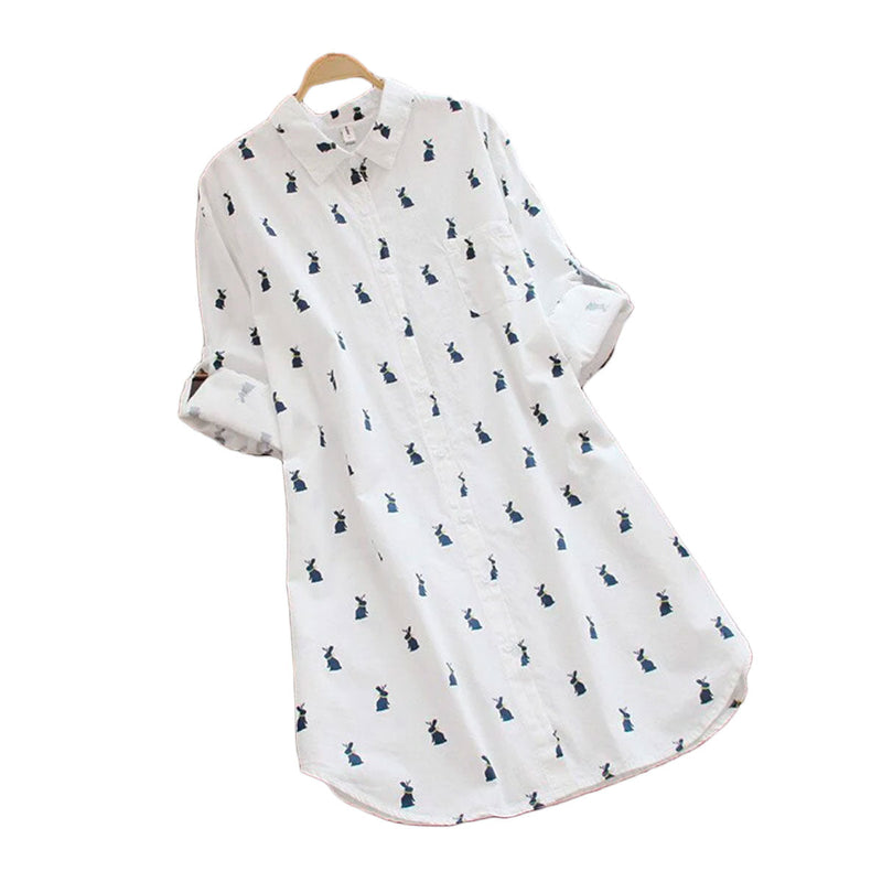 Speelse shirtjurk met konijnenprint en reverskraag - Elina