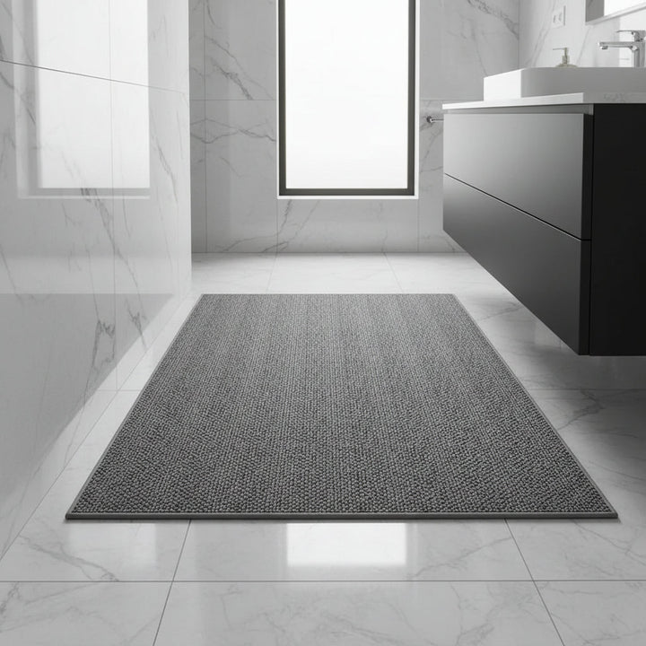 Donkergrijze badmat met afgewerkte rand op glanzende marmeren vloer in een moderne badkamer 1