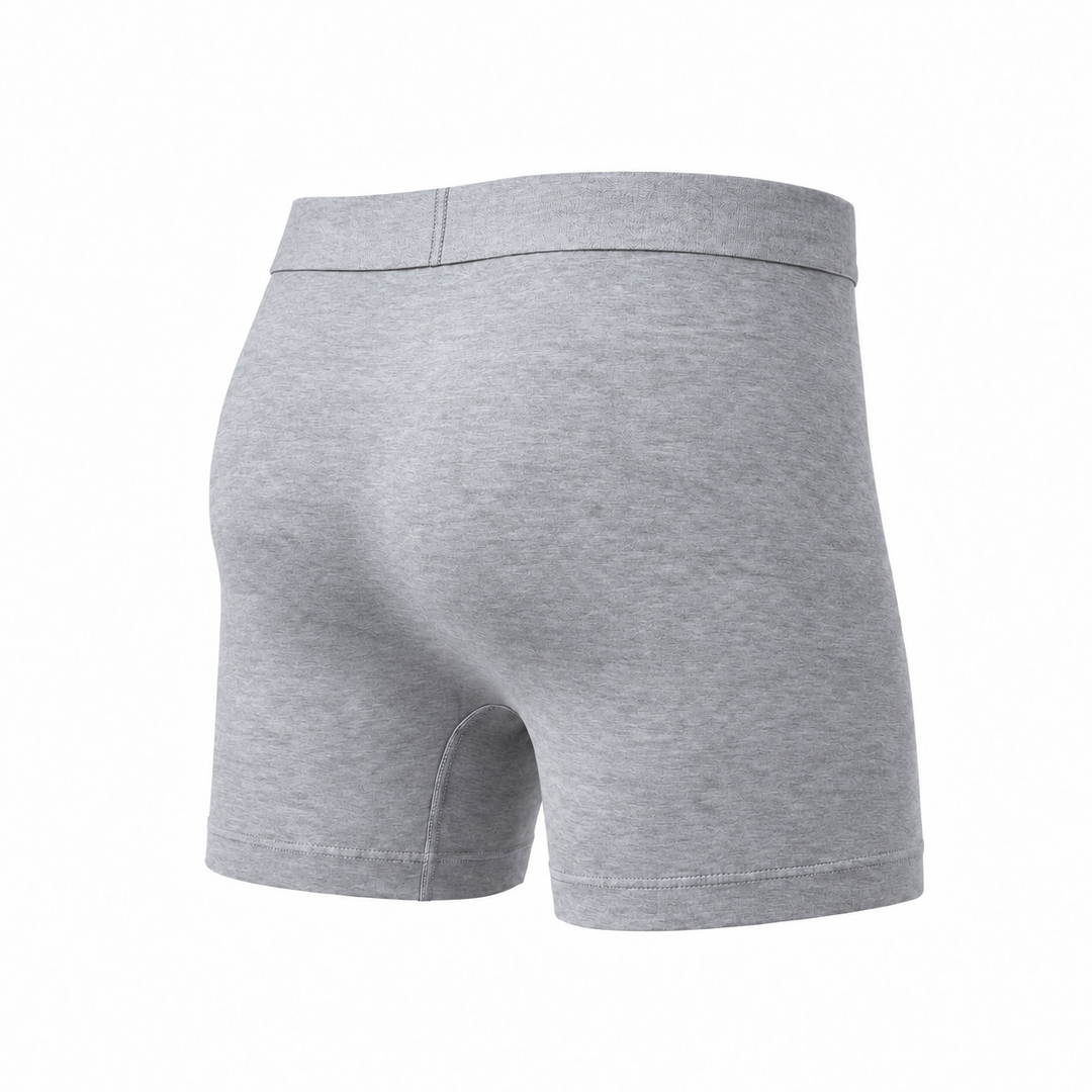 Lichtgrijze gemêleerde boxershort in achteraanzicht van schuin opzij, met brede tailleband en nette zoom. 8