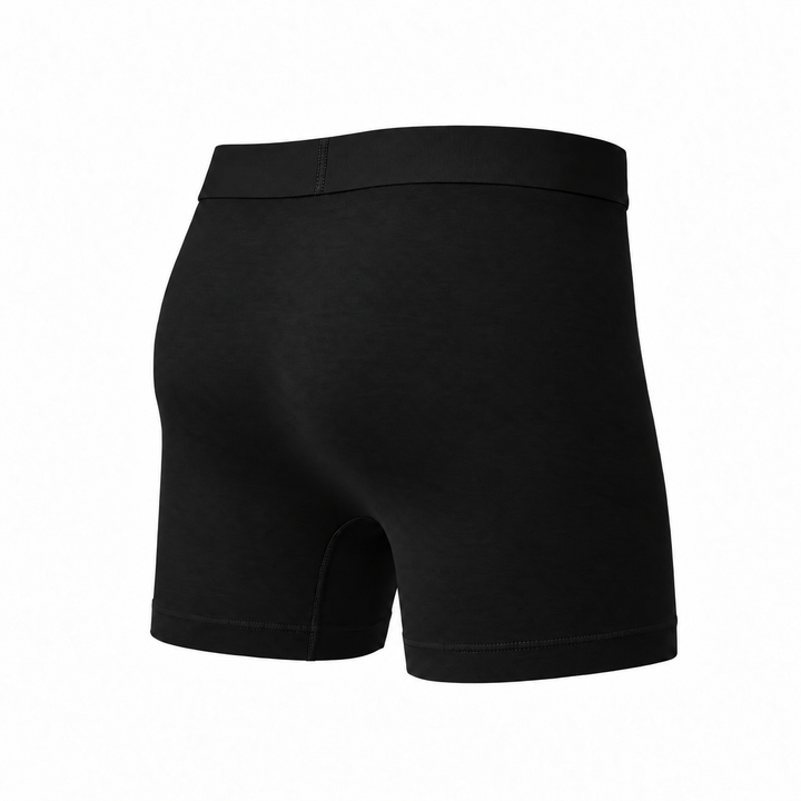 Zwarte boxershort in achteraanzicht van schuin opzij, met effen stof en brede tailleband. 14