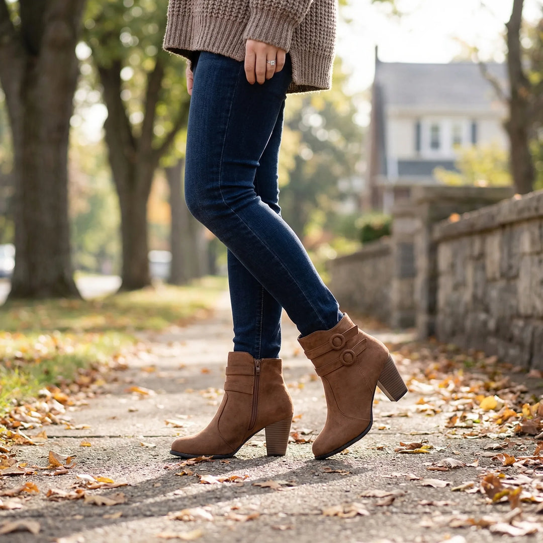 Block Heel Ankle Boot With Buckle Straps - Jenny