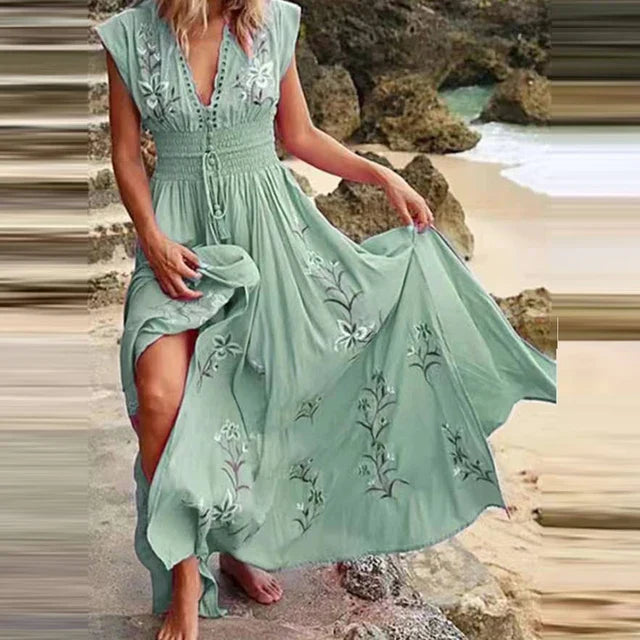 Boho Zomer Maxi Jurk met V-Hals en Luchtige Pasvorm - Talia