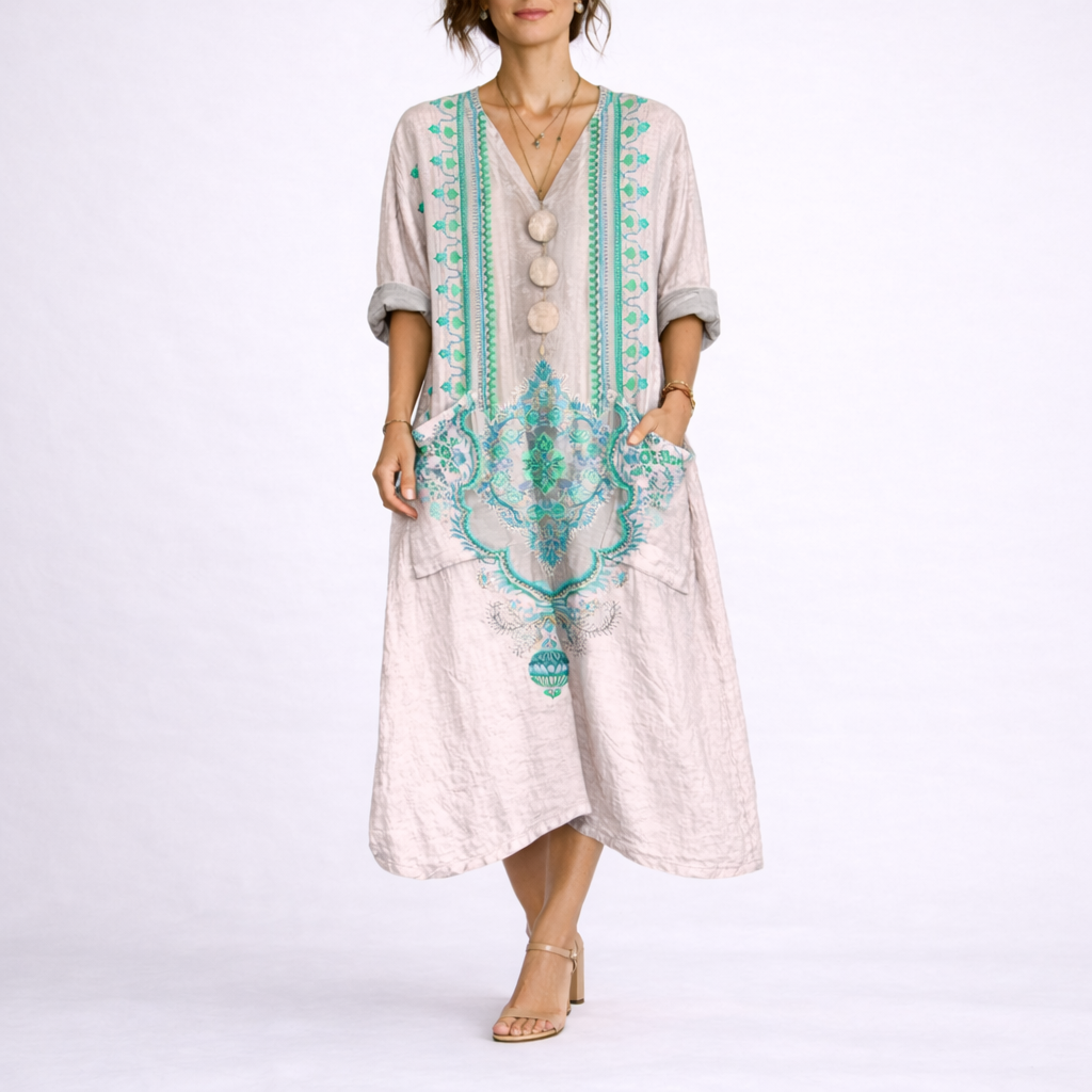 Bohemian Printed V Neck Kaftan Dress - Carole