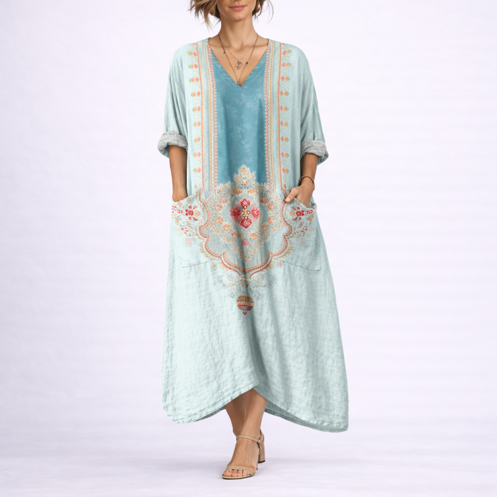 Bohemian Printed V Neck Kaftan Dress - Carole