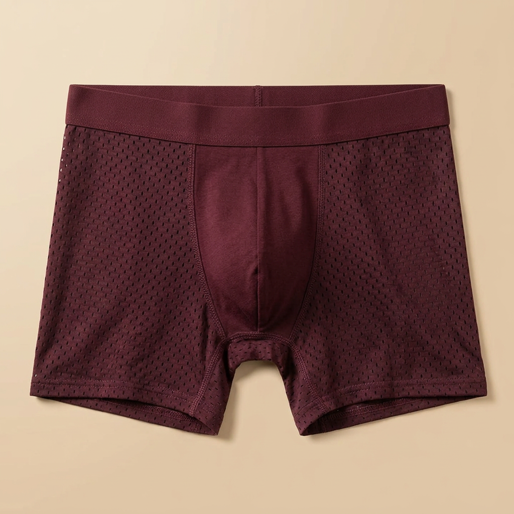 Bordeauxrode boxershort plat neergelegd, met geperforeerde zijpanelen en zichtbare naden 7